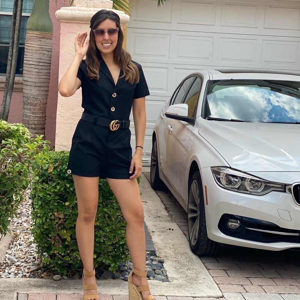 Black Short Romper with Brown Button and Belt